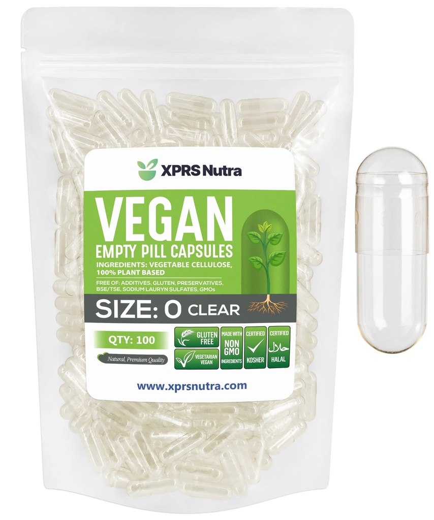 XPRS Nutra Size 0 Empty Capsules - 100 Clear Count Empty Vegan Capsules - Vegetarian Pill - DIY Vegetable Capsule Filling - Veggie Pills for Do-It-youself Supplements