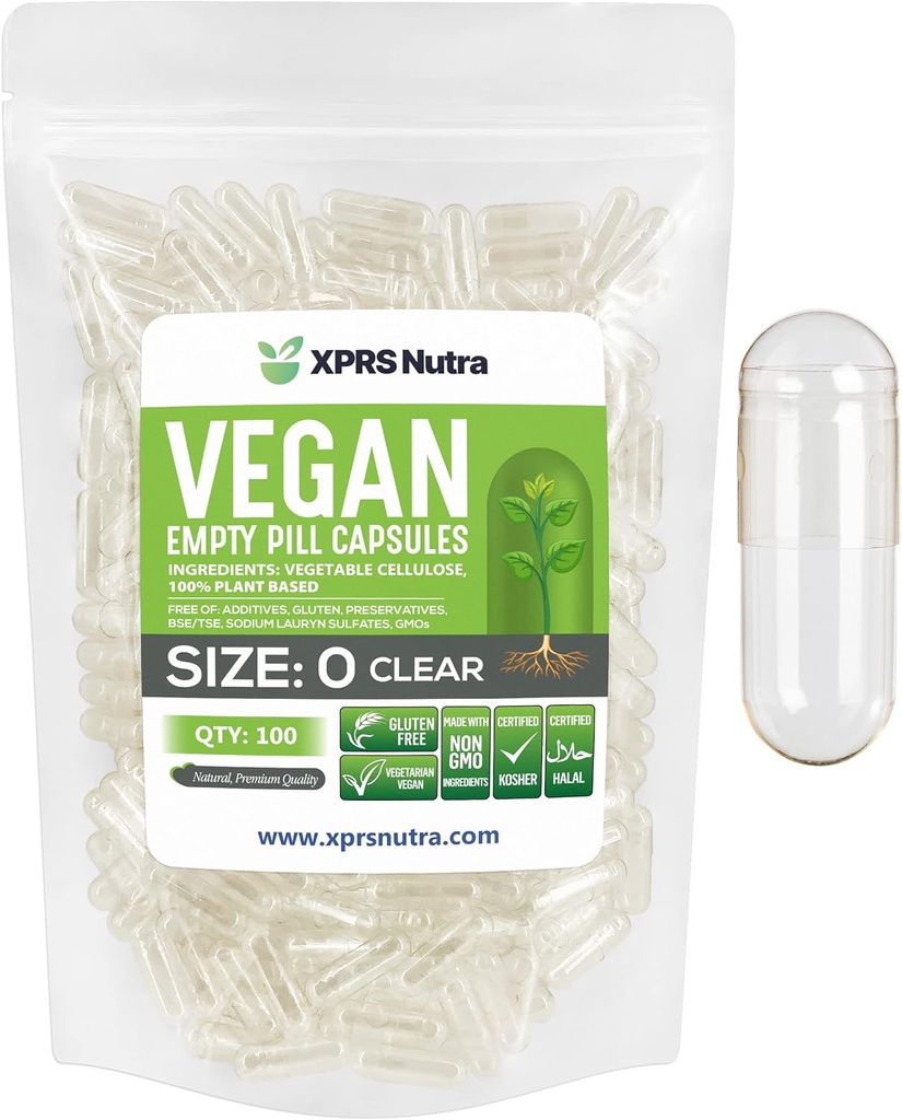 XPRS Nutra Size 0 Empty Capsules - 100 Clear Count Empty Vegan Capsules - Vegetarian Pill - DIY Vegetable Capsule Filling - Veggie Pills for Do-It-youself Supplements