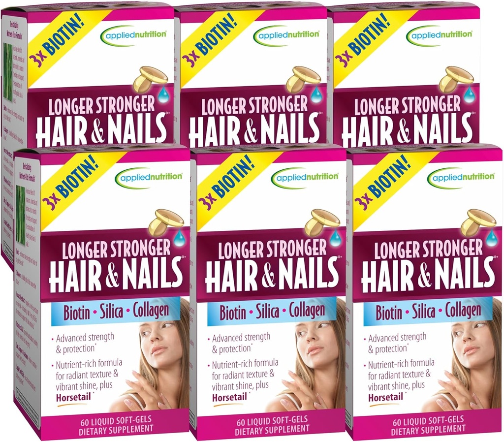 Applied Nutrition Longer Stronger Hair & Nails - 60 Liquid Soft-Gels, Pack of 6 - Biotin, Silica & Collagen - 180 Servings