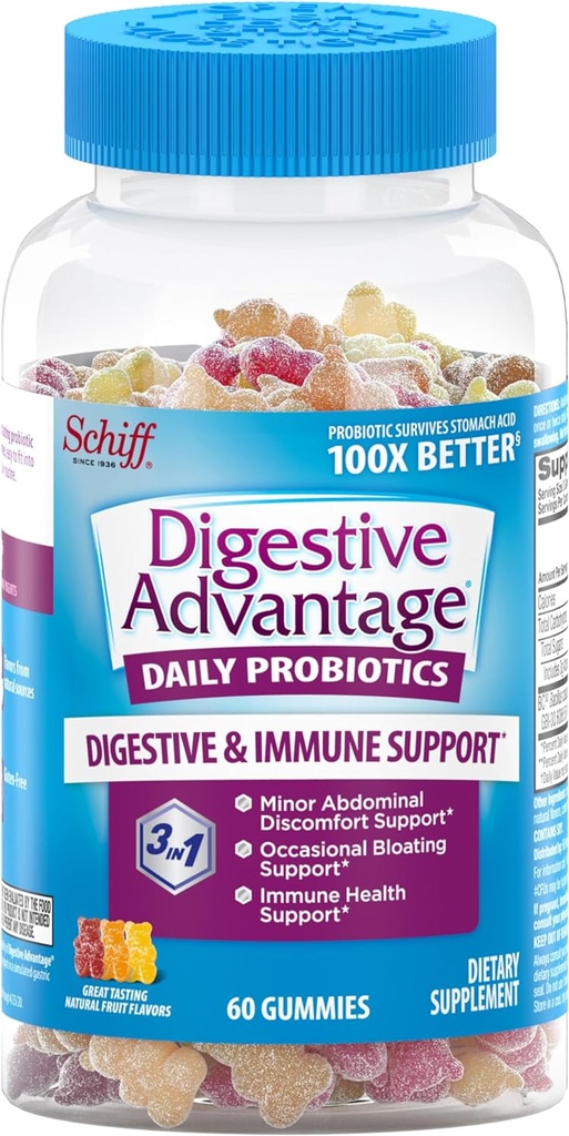 Ventajas Digestivas, Gummy Probiótico para Adultos, 60 Gummies, Libre de gluten, Supervive 100x Mejor, Sabores de Frutas Surtidos, Apoyo Salud Digestiva