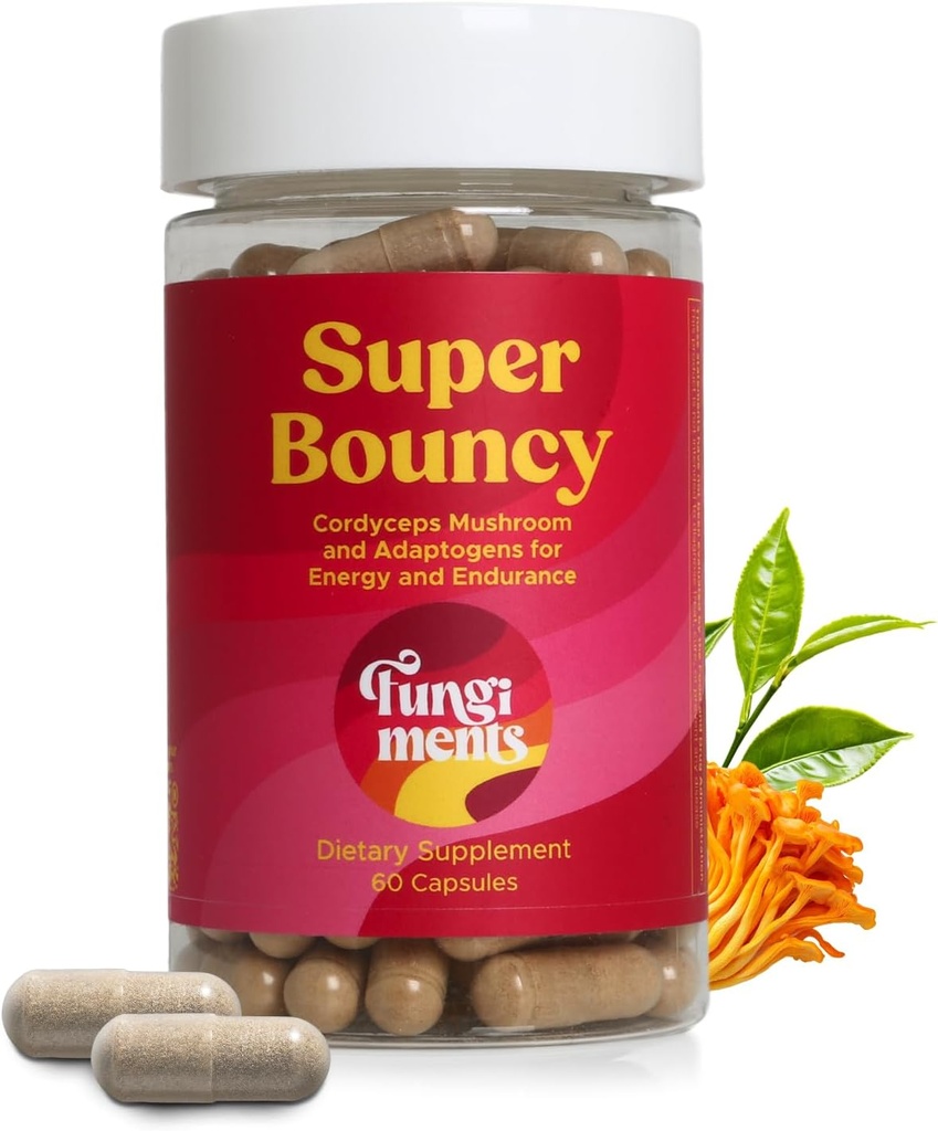 Fungimentos Super Bouncy - Suplemento de baño - Cordyceps Mushrooms, té verde, ginseng - energía y foco (60 cápsulas)