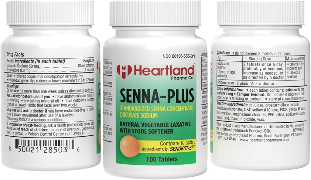 Senna-Plus Natural Vegetable Sennoside Laxative | Natural Vegetable Laxative | Gentle Overnight Constipation Relief | Docusate Sodium Stool Softener | 100 Tablets