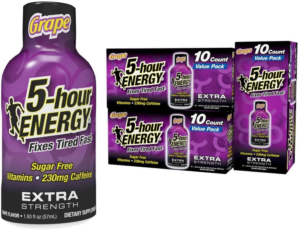 5 horas ENERGÍA Extra Strength Energy Shot, Grape Flavor, 30 Cuenta, 1,93 oz., Zero Calories " Sugar-Free 230 mg Caffeinated Energy Shot, Amino Acids " B Vitaminas, Suplementos dietéticos