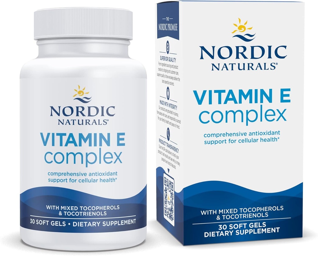 Naturales nórdicos Complejo de vitamina E, sin sabor - 30 geles blandos - 6 formas de vitamina E para soporte antioxidante - Protección celular - No GMO - 30 Actuaciones