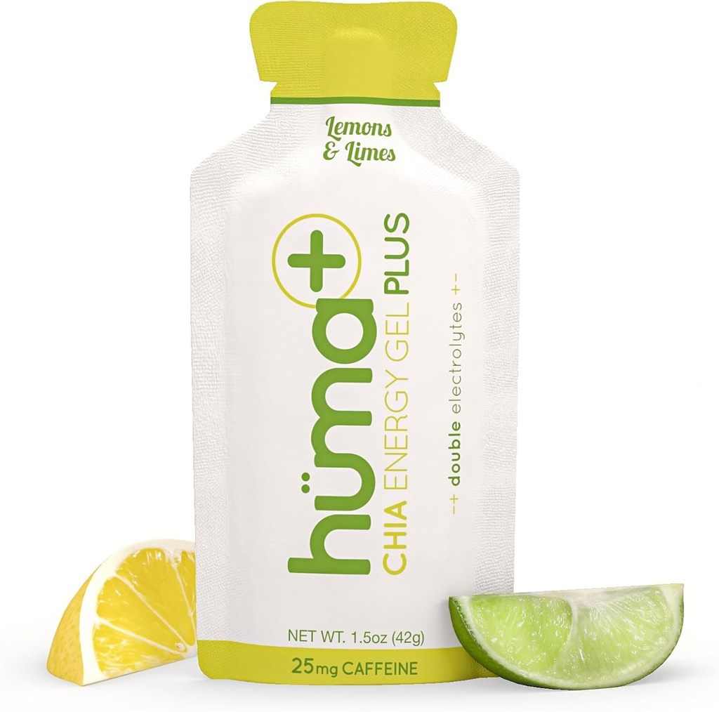 Huma Plus (Doble Electrolytes) - Chia Energy Gel, Lemon Lime, 24 Gels, 25mg Caffeine - Stomach Friendly, Real Food Energy Gels