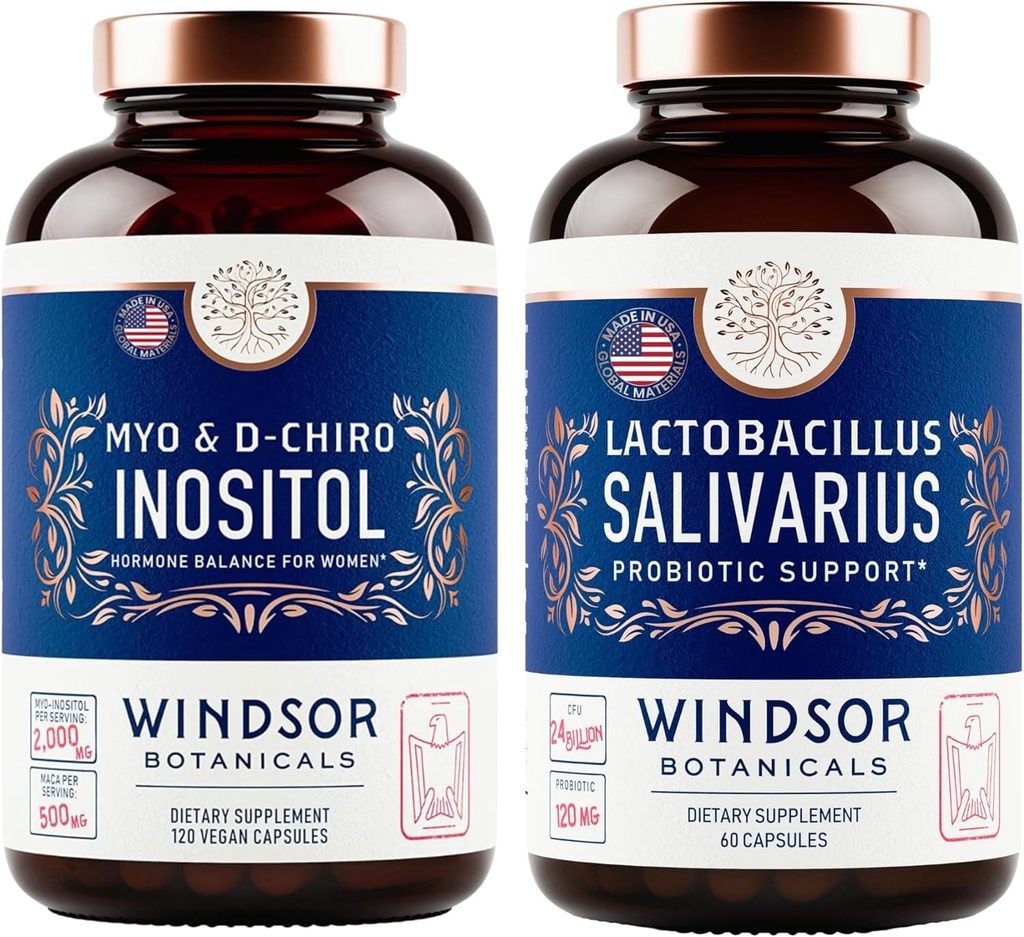 WINDSOR BOTANICALS Myo & D-Chiro Inositol y Lactobacillus Salivarius Probiotic Female Health Support Bundle