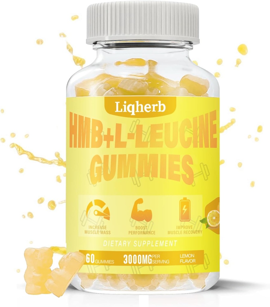 HMB y Leucine Gummies, con 3000mg HMB y L-Leucine Suplemento para la recuperación muscular, Masa muscular " Mejorar la resistencia, para hombres y mujeres, no GMO, Vegan,Gluten Free, Lemon Flavor, 120 Gummies