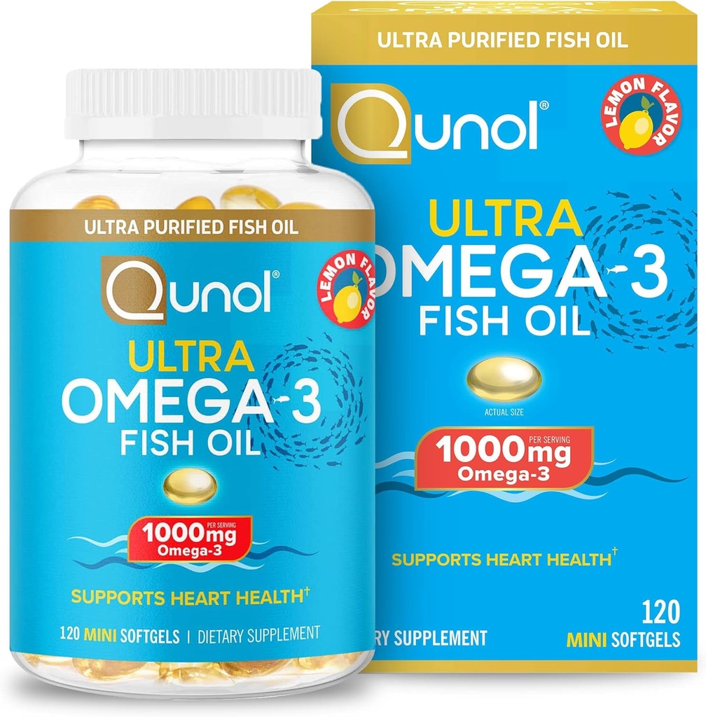 Qunol Omega 3 aceite de pescado Mini Softgels, 1000 mg aceite de pescado ultra puro, apoyo de salud del corazón, Omega 3 DHA Suplementos, sabor de limón, 2 mes de suministro, 120 cuenta