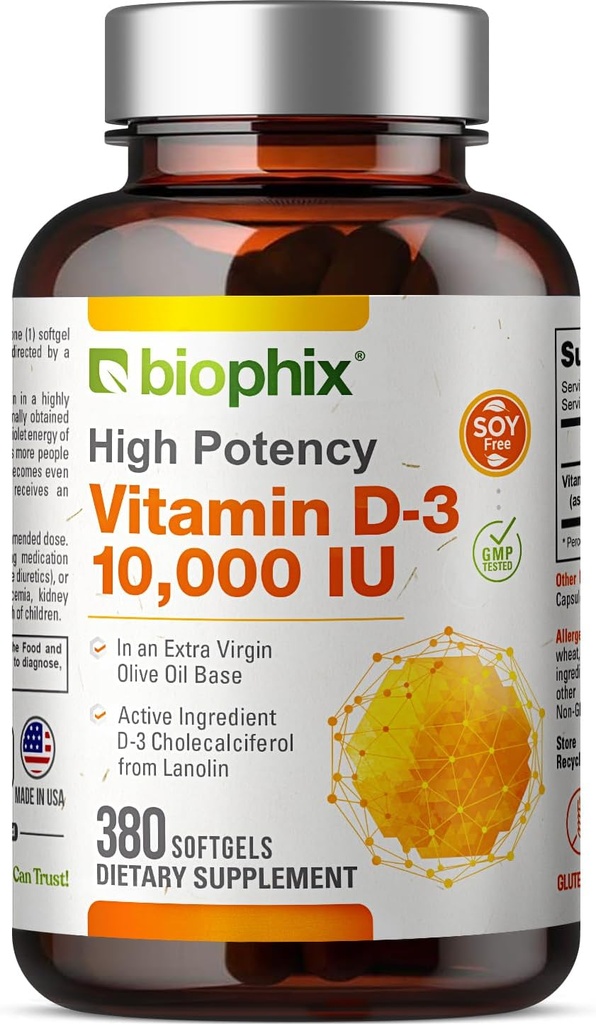 biofix Vitamina D-3 10000 UI 380 Softgels - Alta potencia en aceite de oliva virgen extra No-OMA Apoyos libres de soya Huesos fuertes Immune Health