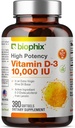 biofix Vitamina D-3 10000 UI 380 Softgels - Alta potencia en aceite de oliva virgen extra No-OMA Apoyos libres de soya Huesos fuertes Immune Health