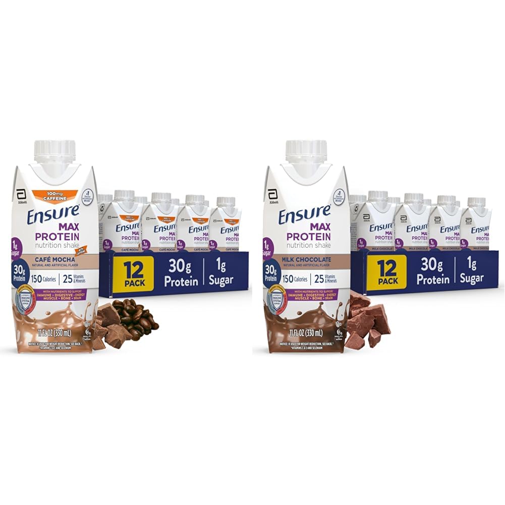 Ensure Max Protein Nutritional Shake with 30g Protein, 25 Vitamins & Minerals, 7 Flavors including Cafe Mocha and Milk Chocolate, Pack of 12, Gluten Free