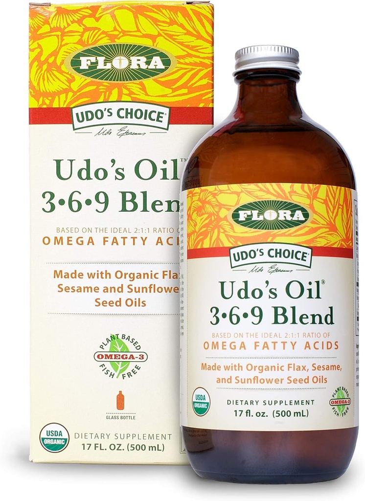 Flora Udo's Oil 3-6-9 Blend - Vegan Omega-3 &amp; Omega-6 Oil - Contiene aceite de coco orgánico, aceite de semilla de Flax &amp; Más - Mantén Chilled - 17 fl. oz.