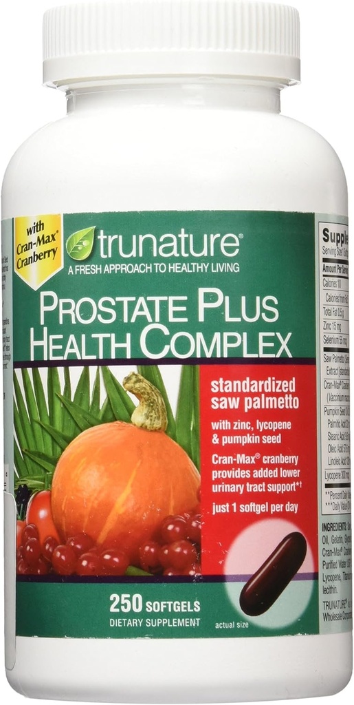Trunature Saw Palmetto Complejo de salud de próstata con zinc, licopeno y semilla de calabaza, 250 Softgels