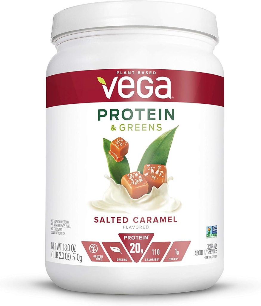 Vega Proteína y Verdes, Salted Caramel, Vegan Protein Powder, 20g Protein Planta Basada, Baja Carb, Keto, Dairy Free, Gluten Free, Non GMO, Pea Protein for Women and Men, 1.1 Libras (17 Servings)