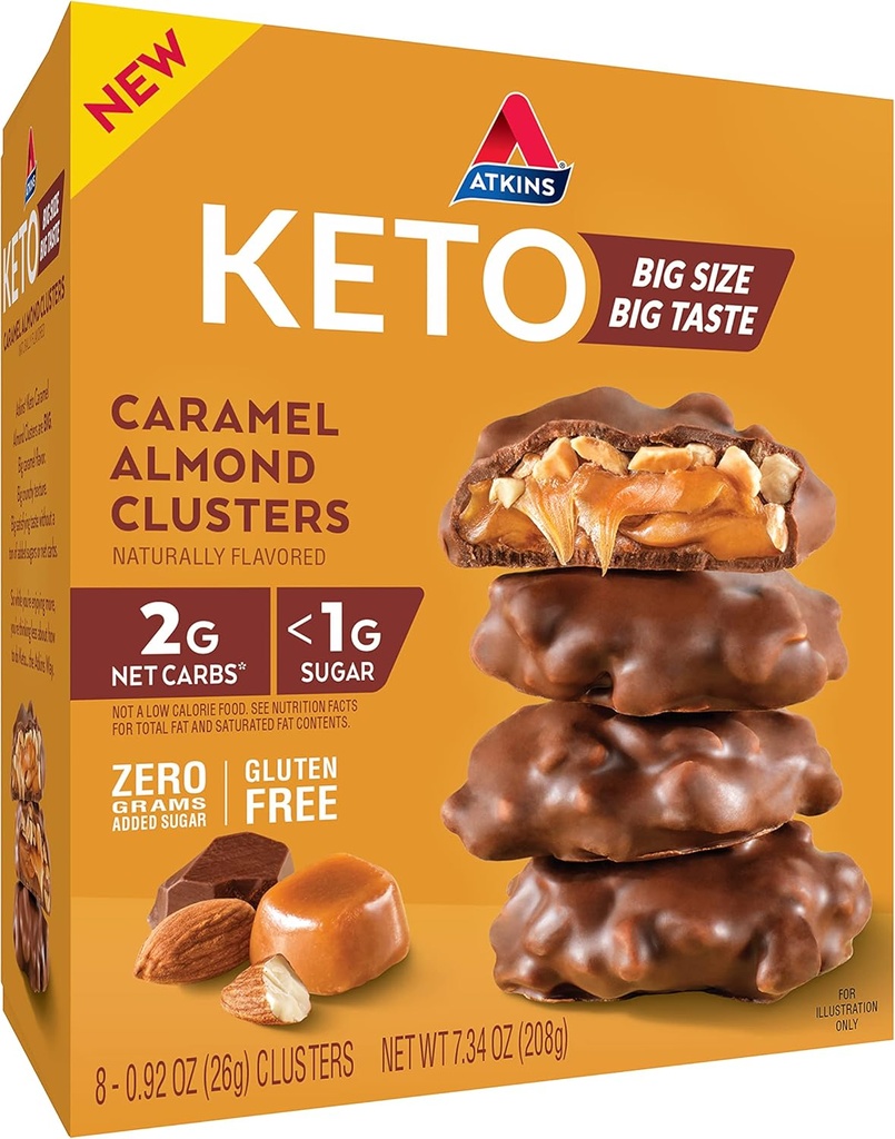 Atkins Caramel Almond Clusters, Gluten Free, High in Fiber, 1g Sugar, 2g Net Carb, Keto Friendly, 8 Conde