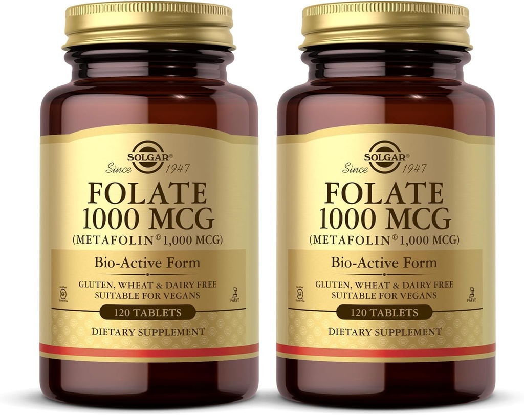 Solgar Folate 1000 mcg - 120 Tablets, 2 Pack - 1000 mcg Bio-Active Metafolin - Vegan, Gluten Gratis, Dairy Free, Kosher - 240 Total Servings