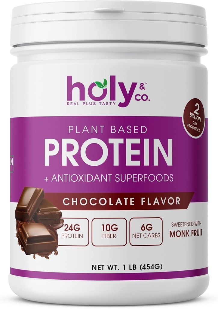 Holy &amp; Co. Plant Based Protein Blend Shake, Gluten Free Chocolate Flavored, Kosher, para Hombres y Mujeres, 2 Billion Probiotics, Monk Fruit Sugar- 16 oz (1 LB)