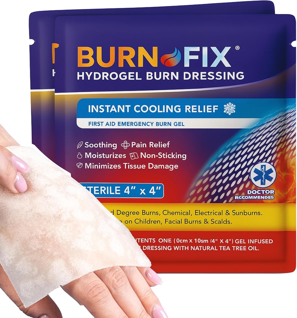 BurnFix® Burn Gel Pads 4x4 Hydrogel Dressing - Heat SinkTM Technology – Sterile with Tea Tree Oil – Instant Cooling for Sunburn, Kitchen, Chemical Burns – Non-Stick First Aid, Safe for Face &amp; Kids (2)