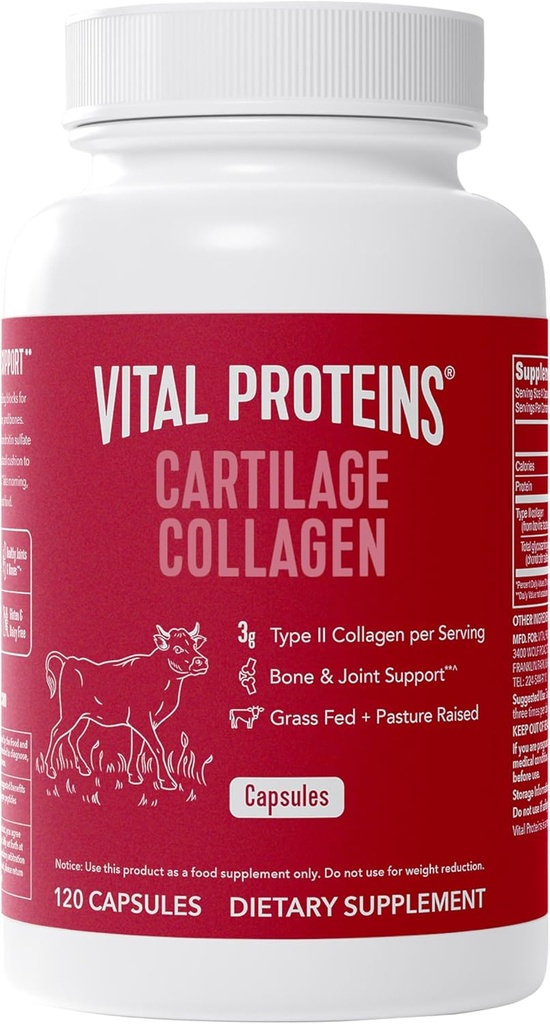 Proteínas vitales Cartilage Collagen Pills, Tipo II Collagen " Sulfato de condroitina para la recuperación " cabello saludable, piel, uñas y juntas - 750 mg Servir con 120 cápsulas