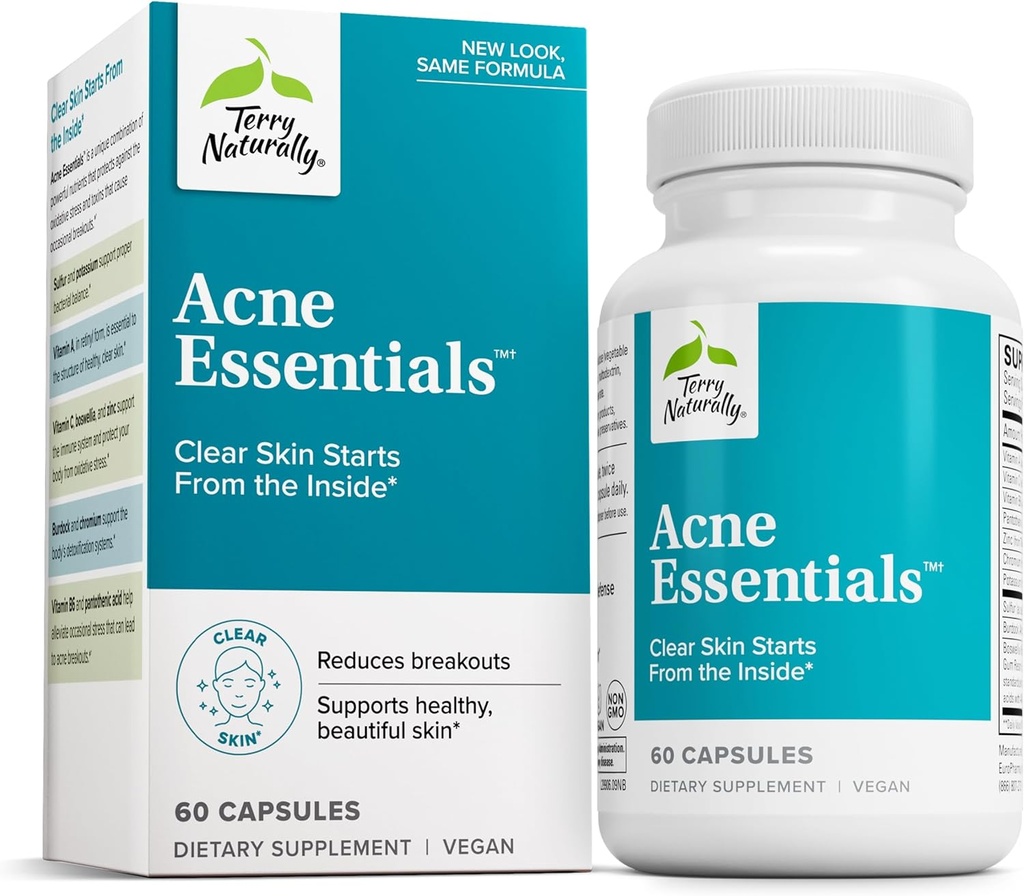 Terry Naturalmente Acne Essentials - Soporte para la piel clara - Suplemento con vitaminas A, C & Zinc - Suplemento de cuidado de piel para el acné ocasional - 60 cápsulas (60 piezas)