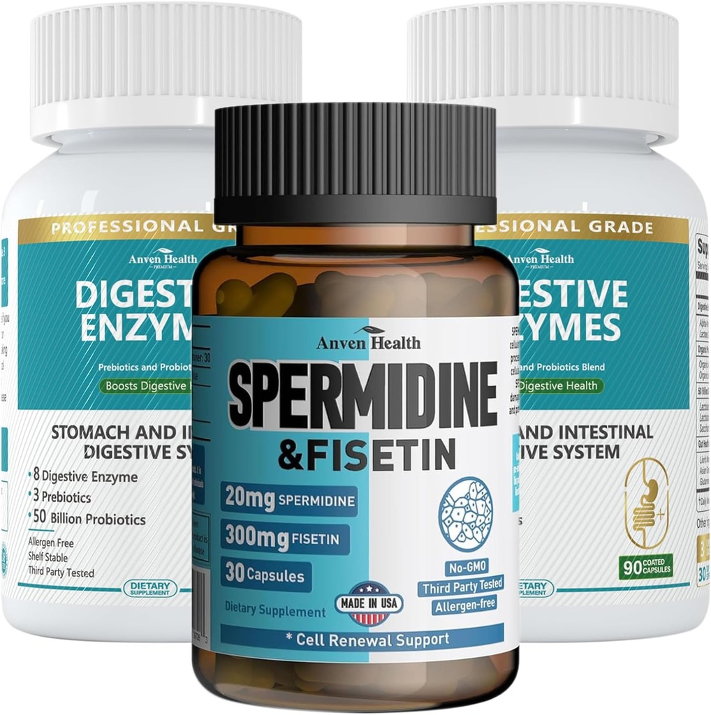 Spermidine &amp; Fisetin Longevity Bundle: 20mg Spermidine + 300mg Fisetin + Digestive Enzymes for Gut Health – Aging Defense, Cell Renewal, " Digestive Relief for Men " Women