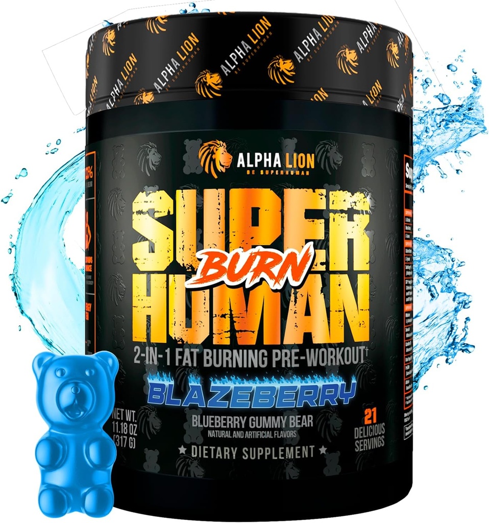 ALPHA LION Superhuman Burn – 2 en 1 Metabolismo Booster Pre Workout y Thermogenic Fat Burner para Hombre – Appetite Suppressant and Weight Loss Suplemento (21 Servings, Blue Gummy Bear Flavor)