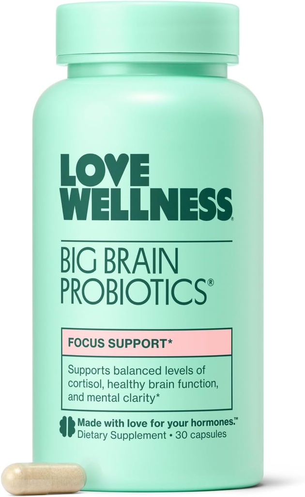 Love Wellness Big Brain Probiotics ← Nootropics Brain Support Suplemento ← Suplementos cerebrales para la memoria y el foco ← Promueve la claridad mental " Mood " Orgánica Reishi, Chaga, " Lions Mane
