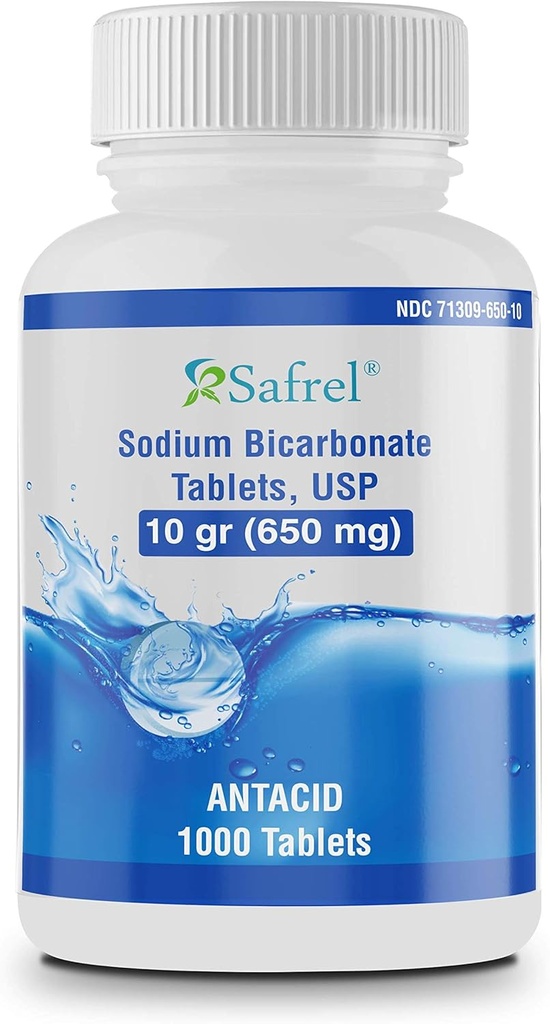 Safrel Sodium Bicarbonate Antiacid 650 mg (10 Grain) 1000 Tablets | for Relief of Acid Indigestion, Heartburn, Sour Stomach & Upset Stomach | Value Savings Pack
