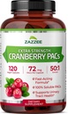 Zazzee Cranberry PACs, 72 mg PACs per Capsule, 2X Strength, 100% Soluble, 120 Vegan Capsules, 50:1 Extract, 18,200 mg Strength, Fast-Acting, Effective Urinary Tract Support, Made in The USA