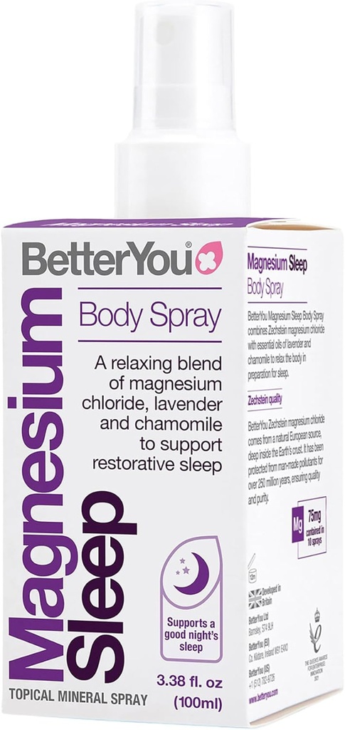 BetterYou Magnesium Sleep Body Spray - Relajando el Magnesio Tópico y el Óleo Esencial - Lavanda y la Manzanilla - Promueve un mejor sueño - 3.38 oz