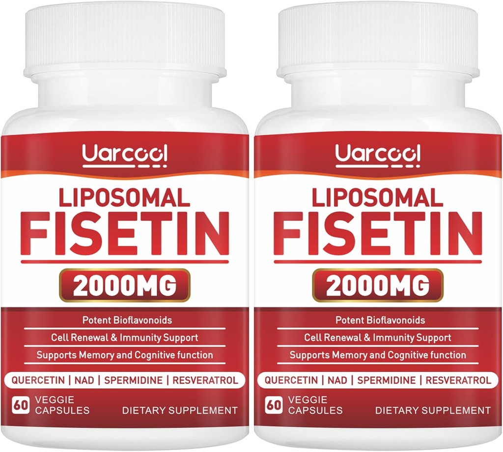 Suplemento de Fisetina 2000mg para el envejecimiento saludable y la longevidad, la salud de la piel, cerebro - Soy libre, vegetariano - 60 Softgels(2 botellas)