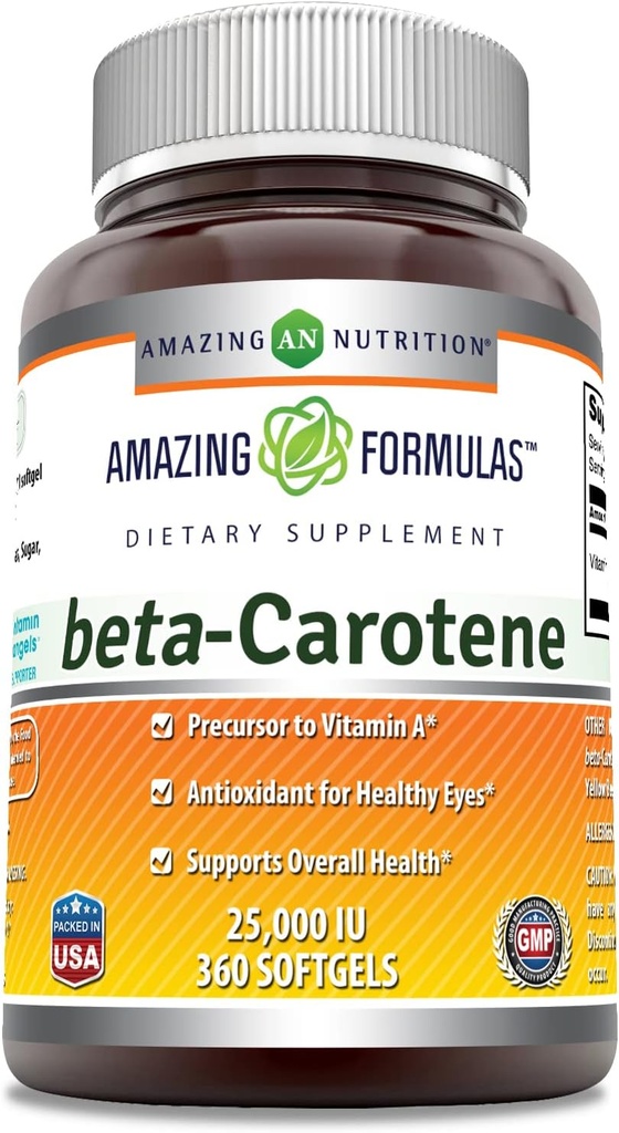 Amazing Formulas Beta Carotene Supplement | 25000 IU | 360 Softgels | Non-GMO | Gluten-Free | Made in USA