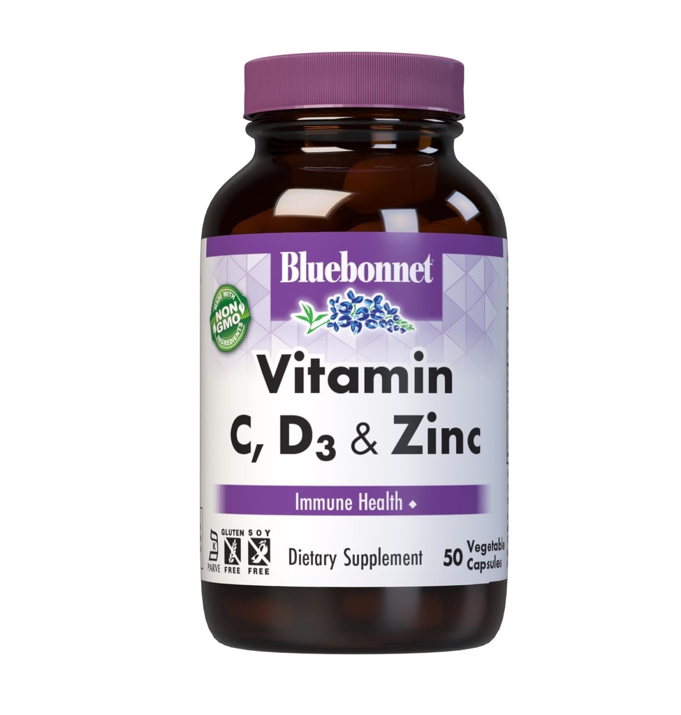 BlueBonnet Nutrition Vitamina C, D3 " Zinc, Immune Health*, Non-GMO, Kosher Certified, Gluten-Free, Soy-Free, Dairy-Free, 50 Vegetable Capsules, 50 Servings