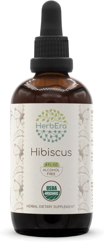 HerbEra Hibiscus B120 USDA Tintura Orgánica TENIDO Extracto libre de alcohol, gotas herbales de alta potencia ANTE Certified Organic Hibiscus Sabdariffa Dried Flower (4 oz)