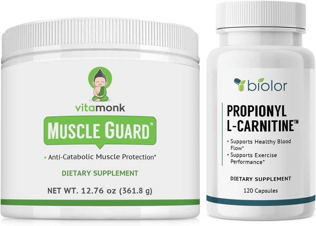 VitaMonk Muscle Guard &amp; Biovy Propionyl-L-Carnitine con HMB, EAAs, Vitamina D y Magnesio, apoya el crecimiento muscular, fuerza, resistencia, salud circulatoria, energía libre de Jitter y recuperación de entrenamiento