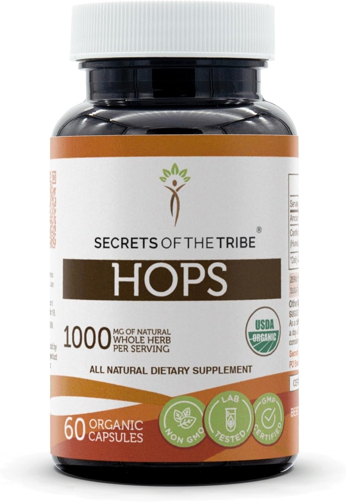 Secrets of the Tribe Hops USDA Organic Capsules  Certified Organic Vegetarian Capsules, Herbal Dietary Supplement ← Humulus lupulus Dried Flower (60 Count)