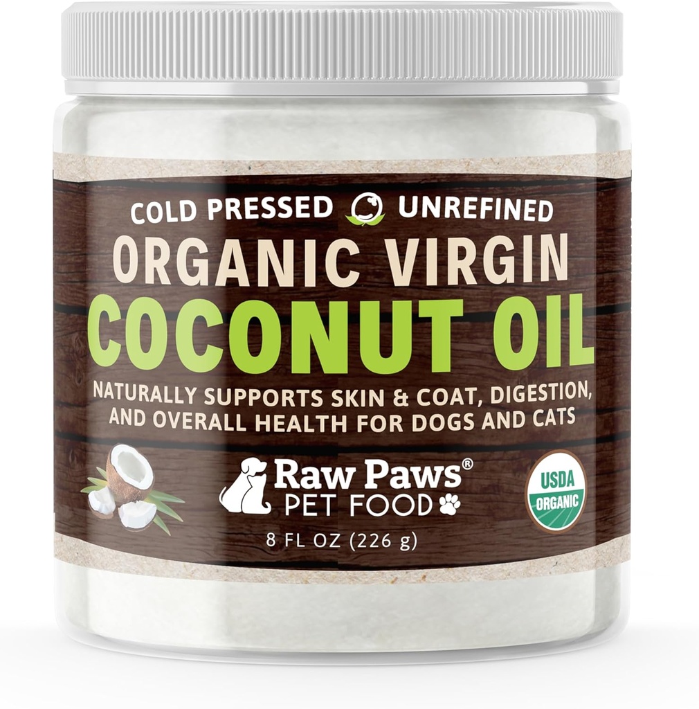Raw Paws Orgánica Virgen aceite de coco para perros &amp; gatos, 8-oz - Soporta sistema inmunitario, Digestión, Salud Oral, Tiroides - Alivio de Alergia Natural para Perros - Alivio de Peluquería