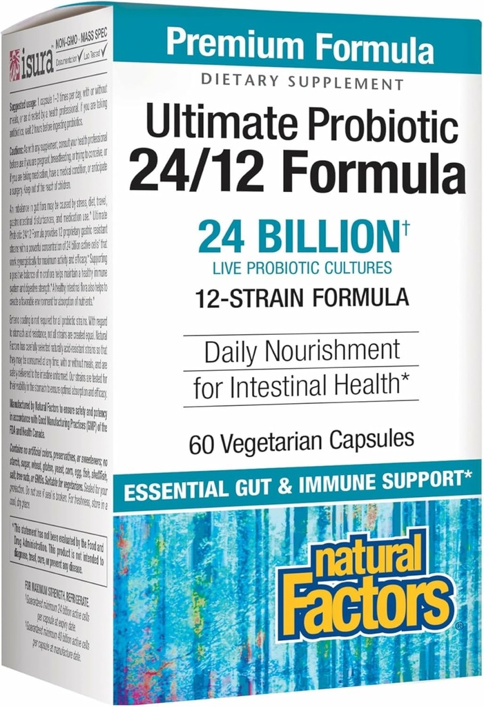 Factores naturales Último Probiótico 24/12 Fórmula - Suplemento de Apoyo a la Salud Digestiva con Probióticos - Inmunidad &amp; Gut Health Support Suplemento - 60 cápsulas vegetarianas (60 piezas)