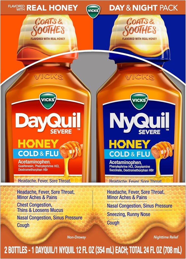 VICKS DayQuil &amp; NyQuil SEVERE Honey Flavor Co-Pack, Cold &amp; Flu Medicine, Relieves Headache, Fever, Sore Throat, Minor Aches & Pains, Nasal Congestion, Sinus Pressure, Stuffy Nose, and Cough, 2x12oz