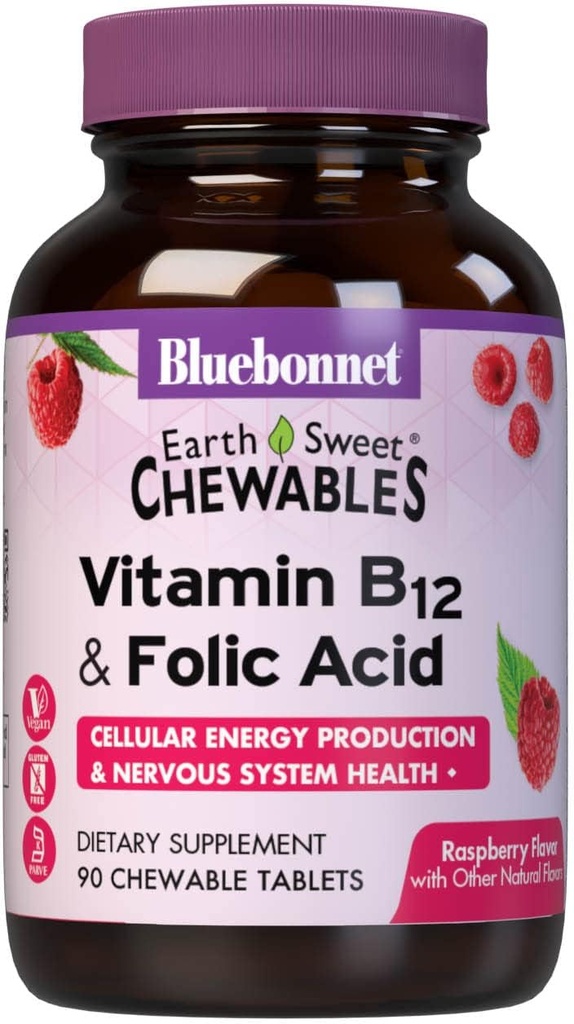 BlueBonnet Nutrition Earth Sweet Vitamin B12 & Folic Acid Chewable Tablets, Soy-Free, Gluten-Free, Raspberry 90 Count (Pack of 1)