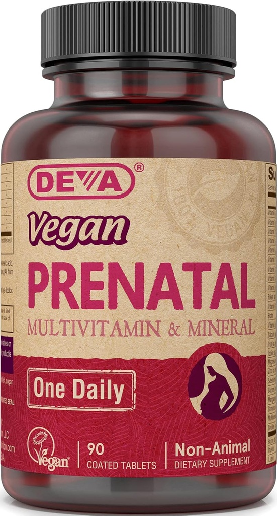 DEVA Vegan Prenatal Multivitamina y Suplemento Mineral - Una vez por día Fórmula - Vitaminas A, C, D, E, K, B Complejo, con folato " Hierro Chelated - 90 Tabletas Coated, 1-Pack
