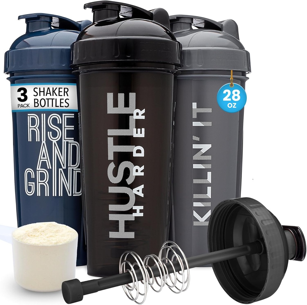 GOMOYO [3-Pack] 28-Ounce Shaker Bottle with Action-Rod Mixer | Protein Shaker Bottle with Motivational Quotes | Shakers for Protein Shakes are BPA Free and Dishwasher Safe | Silver, Blue, & Black