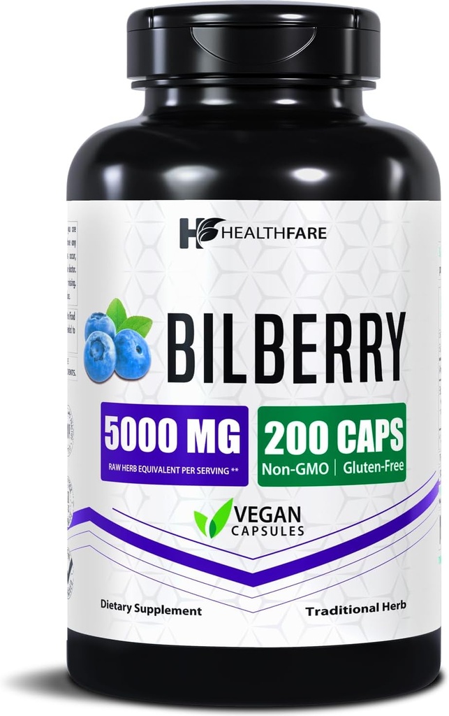 Healthfare Bilberry Supplement for Eyes | 5000mg Extract | Vision & Eye Health Support | Antioxidant Support | 200 Vegan Capsules | Extra Strength | Non-GMO, Gluten-Free | Made in USA