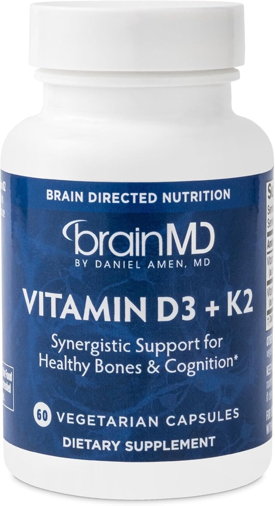 BRAINMD Vitamina D3 + K2-60 Cápsulas - Apoyo sinérgico para la Cognición de Huesos Saludables - Gluten Gratis - 60 Actuaciones