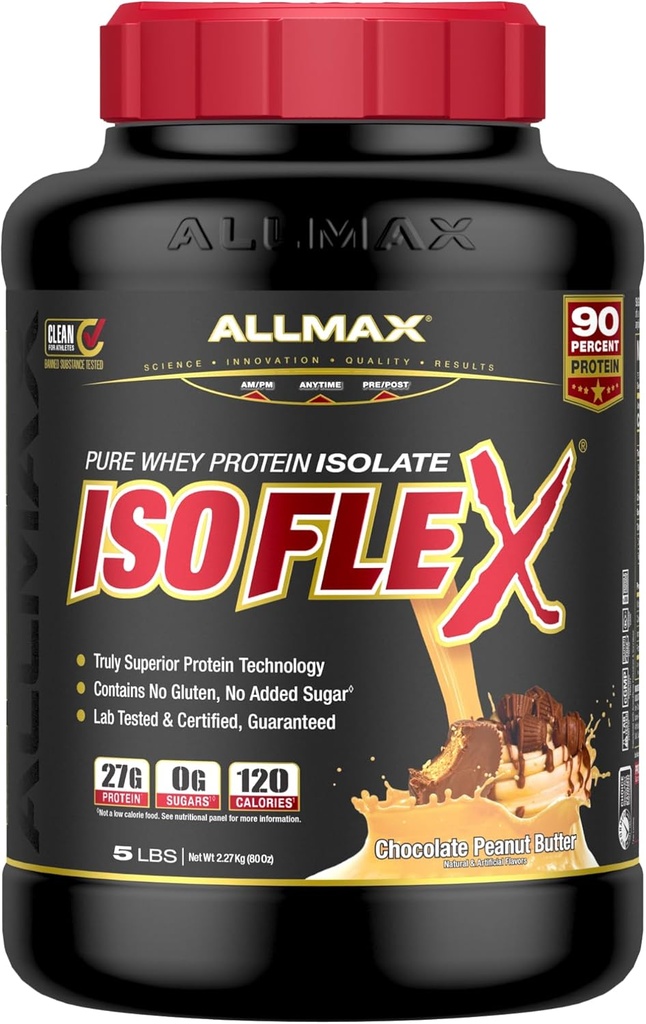 ALLMAX Nutrition - ISOFLEX Whey Protein Powder, Whey Protein Isolate, 27g Protein, Chocolate Peanut Butter, 5 libras