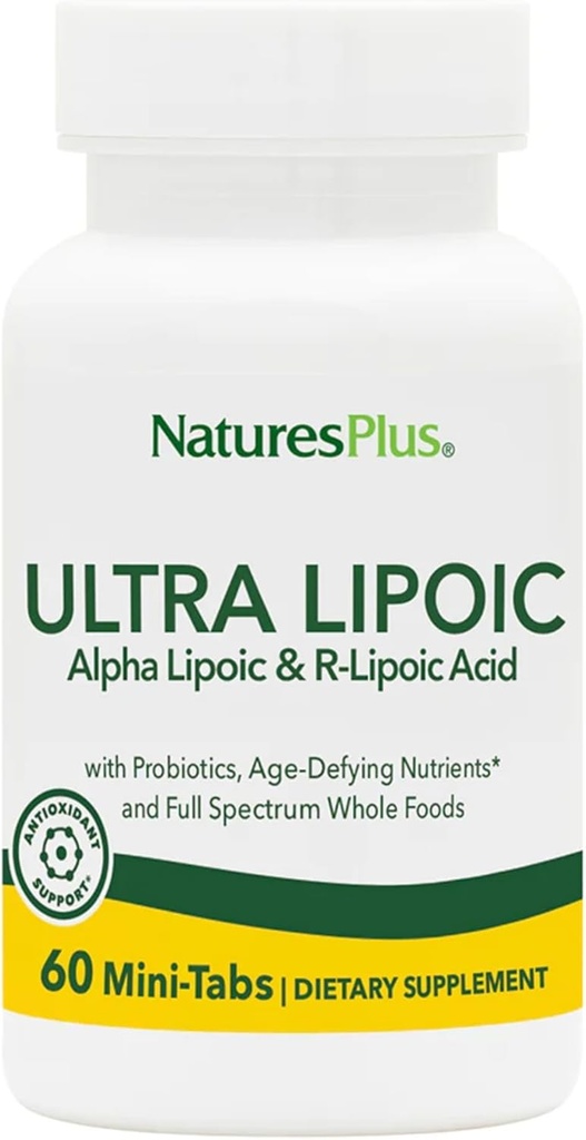 Natures Plus Ultra Lipoic - 60 Mini-Tabs Bi-Layered - Soporta Defensas Radicales Libres con Probióticos, Nutrientes & Concentrados Alimentarios completos - Gluten Gratis - 30 Servimientos