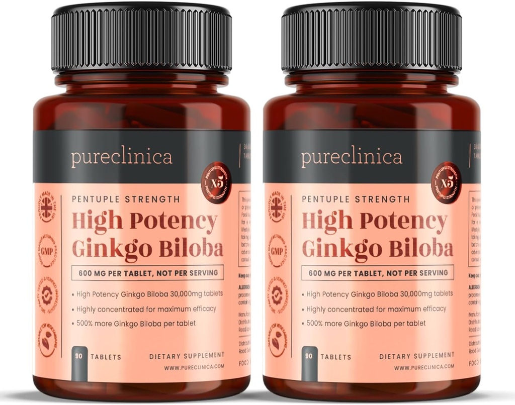 pureclinica High Potency Ginkgo Biloba 30,000mg x 180 Tablets (2 Botellas de 90) - 6 Meses Supply - 5 Times The Strength of Competitor Products