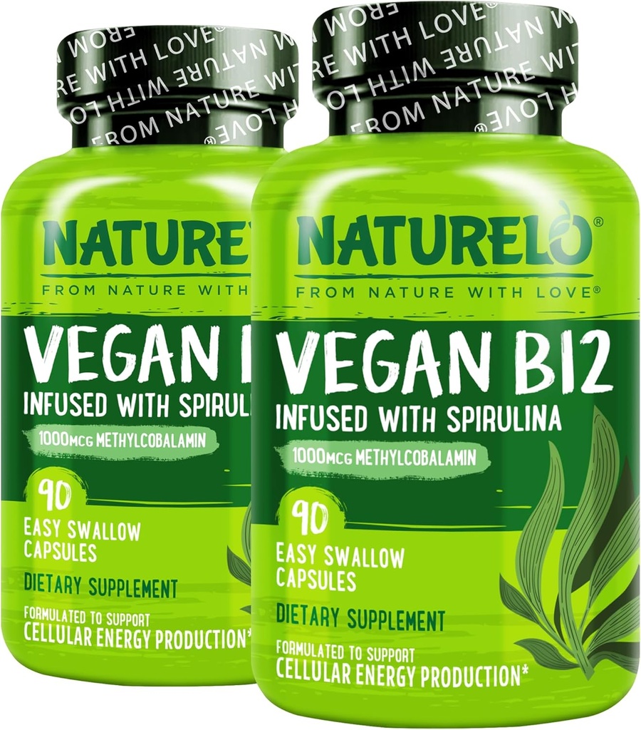 NATURELO Vegan B12 - Metil B12 con Espirulina Orgánica - Alta Potencia Vitamina B12 1000 mcg Metilcobalamina - Apoyo Mood sano, Energía, Corazón &amp; Ojo Salud - 90 cápsulas (Pack de 2)