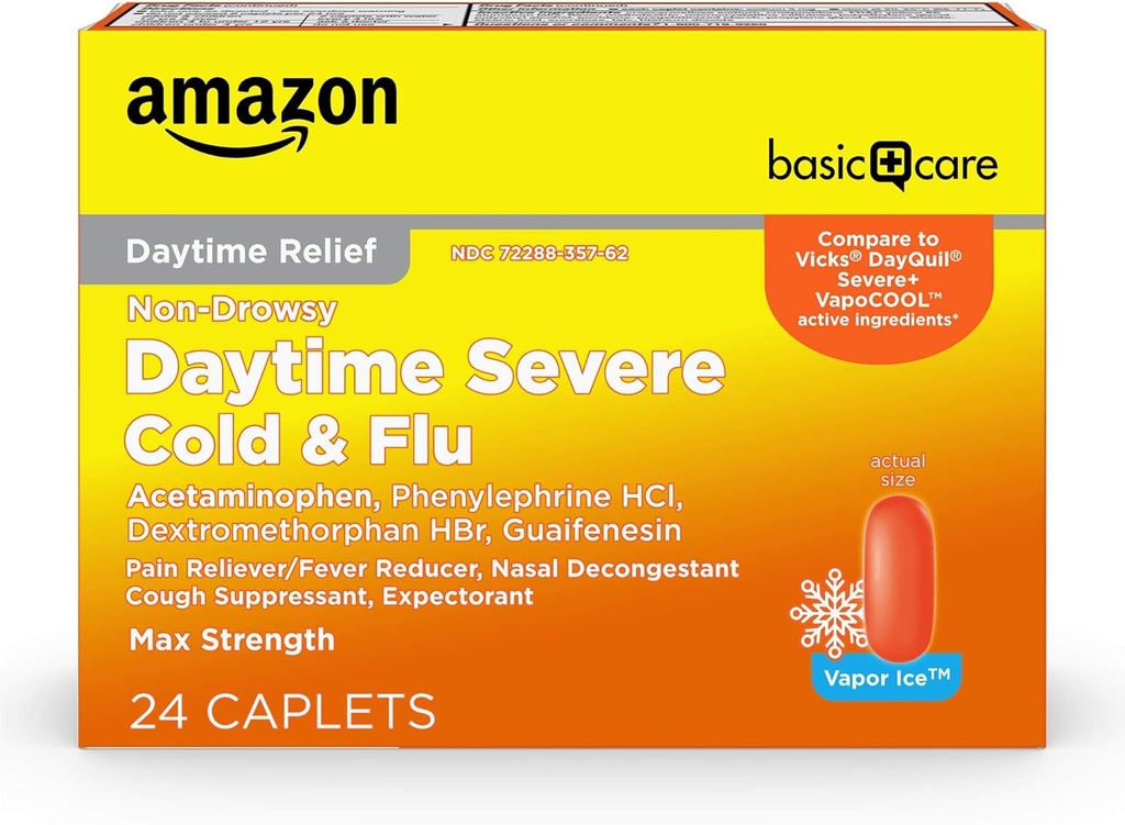   Basic Care Daytime Severe Cold & Flu Relief Caplets, Medication for Severe Cold and Flu Symptoms Like Headache, Fever, Coughing, Chest & Nasal Congestion, Vapor Ice, 24 Count