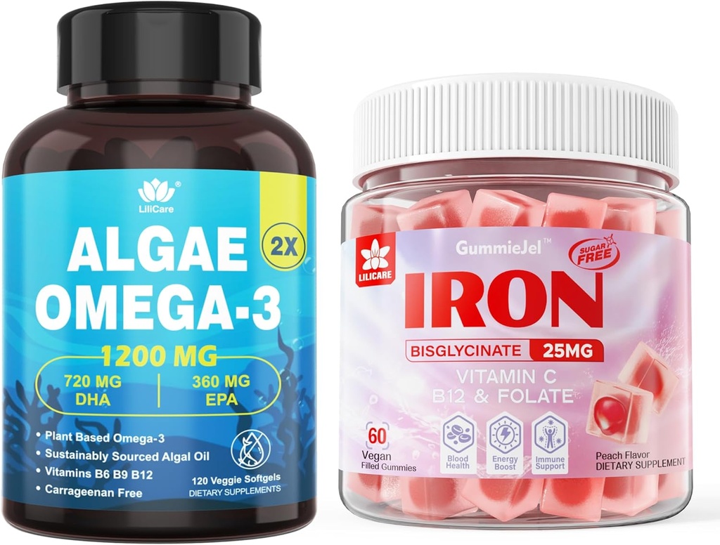Vegan Iron Gummies &amp; Plant-Based Algae Omega 3 1200mg Suplemento